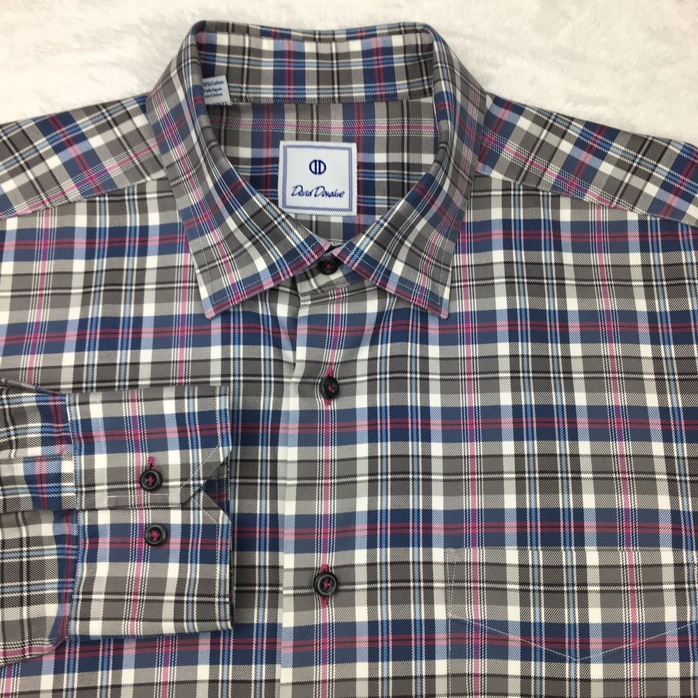 David Donahue Mens Dress Shirt XL Multi-Color Checks‎ Heavier Cotton Long Sleeve